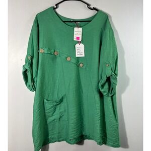Womens Yolly Italy Lagenlook Tunic‎ Pocket Button details Green OS Crinkly NWT